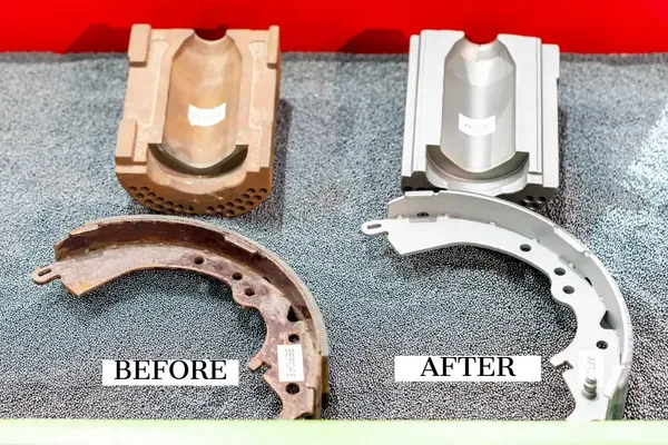 Before and after abrasive sandblasting of automotive brake components showing rust removal