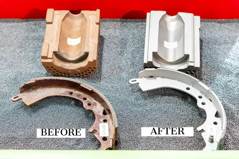 Before and after abrasive sandblasting of automotive brake components showing rust removal