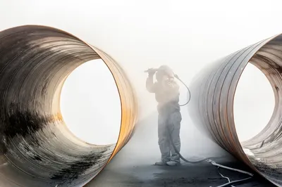 Industrial pipe sandblasting preparation for coating application
