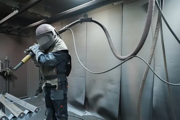 Sandblaster service inside industrial equipment for thorough cleaning