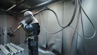 Sandblaster service inside industrial equipment for thorough cleaning