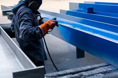Worker inspecting coating thickness on steel beam using digital gauge in Melbourne